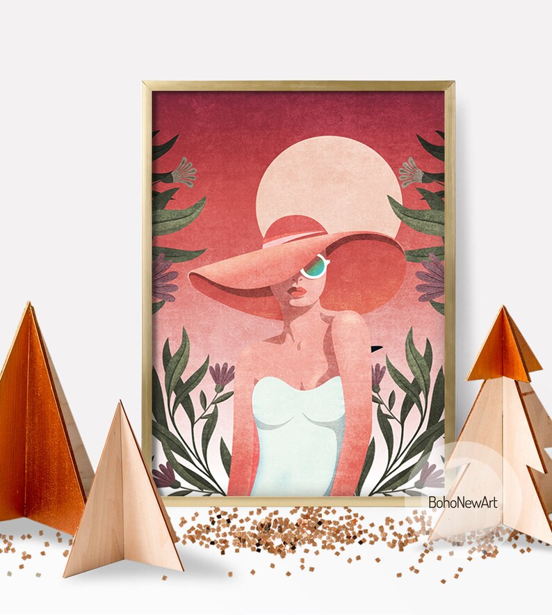 May include: A digital illustration of a woman wearing a large, wide-brimmed pink hat and sunglasses. She is standing in front of a pink and orange sunset with green foliage and flowers.