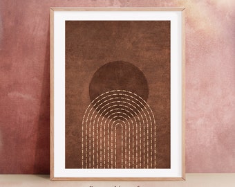 Könnte beinhalten: Ein digitaler Kunstdruck mit braunem Hintergrund und einem weißen geometrischen Design. Das Design zeigt einen Kreis und eine Reihe von Bögen. Der Text "Boho New Art" und "Emel Tunaboylu" befindet sich am unteren Rand des Drucks.