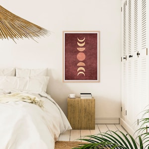 May include: A minimalist art print with a red background and gold moon phases and a sun in the center.