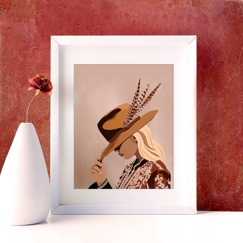 May include: A digital illustration of a person wearing a brown hat with feathers and a patterned jacket. The background is a light brown color.