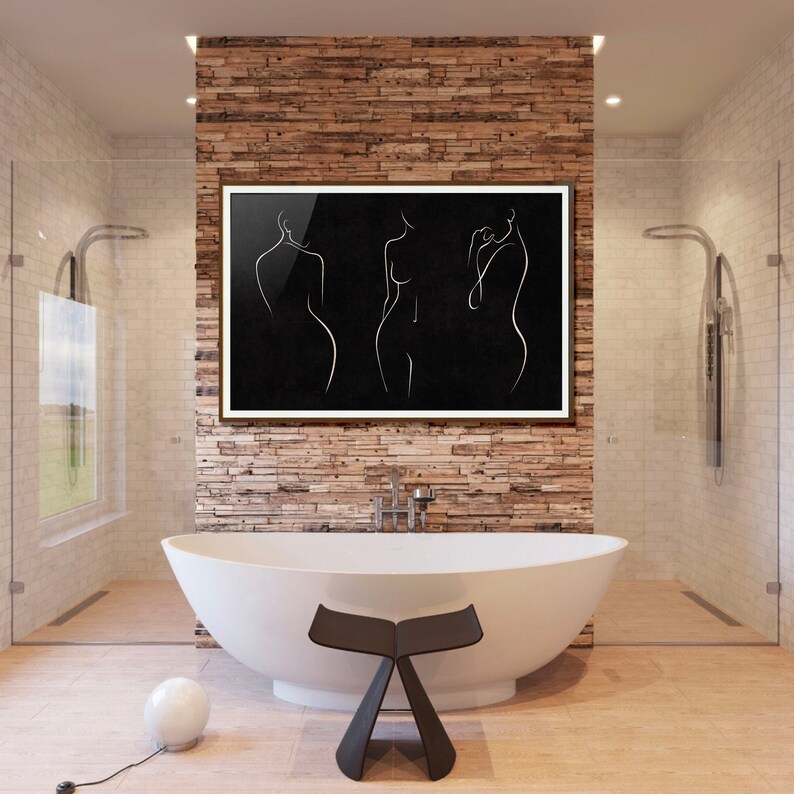 Female Nude Line Art Black Background Horizontal Poster, Set of 3 ...