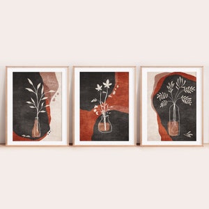 Conjunto de 3 arte de pared botánico, arte de pared imprimible de plantas y jarrones, arte de pared de tonos neutros, póster de jarrón boho, arte de jarrón abstracto