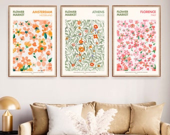 Flower Market Print Set of 3, Flower Market Print Amsterdam, Athens, Florance Digital Download, Abstract Floral Printable Wall Art, Wall Art