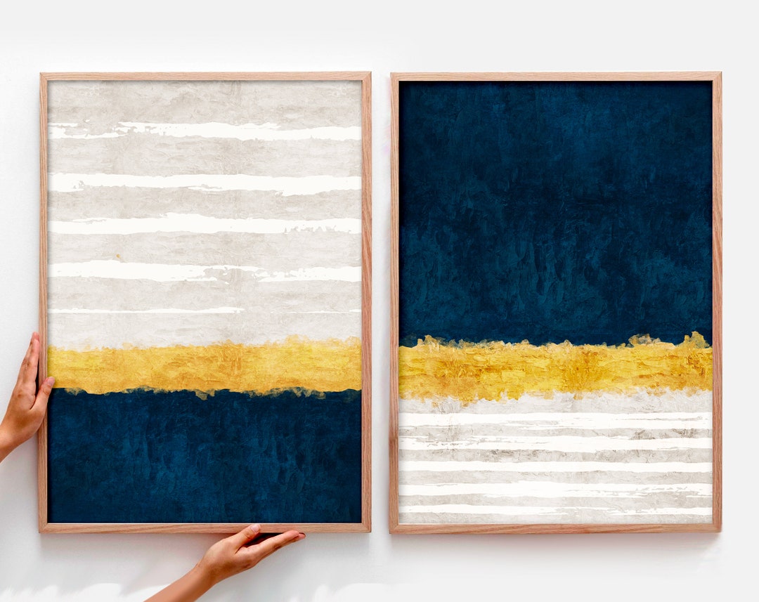 Abstract Navy Blue and Gold Stripe Wall Art, Set of 2 Prints