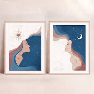 We Complete Each Other Blue version. Soulmate Couple. Boho Beautiful Women Set Wall Art. Sun and Moon Poster. Abstract Minimalist Woman