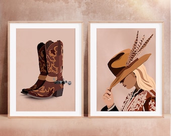 Set of 2 Western Boho Cowgirl, Western Boot Set Wall Art, Cowgirl Print, Western Wall Decor, Cowgirl Art, Rodeo Wall Art, Western Prints