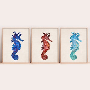 Seahorse Art Print, Printable Seahorse, Digital Seahorse, Nautical Decor, Red Seahorse, Seahorse Picture, Watercolor Wall Decor,