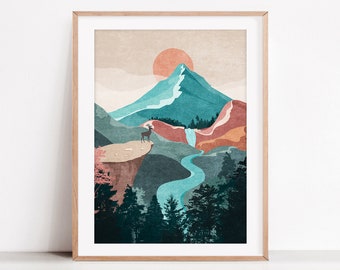 Digital nedladdning av vattenfallslandskap, solnedgång. Modern minimalistisk väggkonst, bergslandskap, pastellfärger, skog, solnedgång, vardagsrumskonst