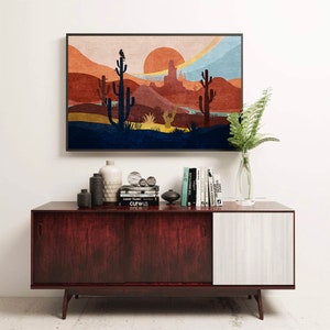 Western Desert Landscape Print, Horizontal Digital Landscape Art, Cactus WallArt, Boho Sun,  Abstract Prints, Landscape Dessert Poster
