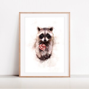 Baby Raccoon with Candy Print, Baby Animal, Woodland Animals Wall Art, Nursery Decor, Baby Shower, Digital Download, Forest Animals Kids Art