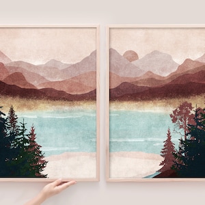 Golden Haze Lake Mountains Wall Art Print Set of 2, Nature prints, Landscape painting, Evergreen Trees, Forest, Mountains Watercolor Trees