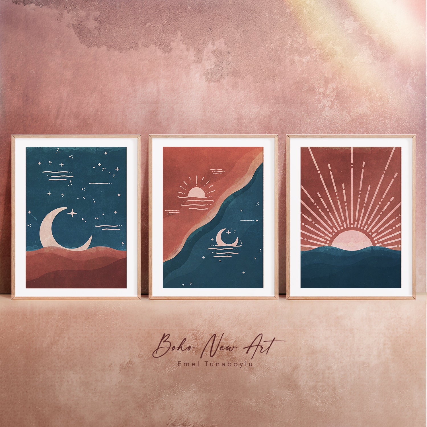 Boho Sun and Moon Set of 3 Wall Art. Boho Celestial Gallery. Harmony of ...