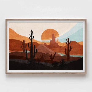 Puede incluir: Una ilustración digital de un paisaje desértico con un gran sol naranja poniéndose detrás de una cordillera. La escena presenta varios cactus y un pájaro posado en la cima de uno de los cactus.