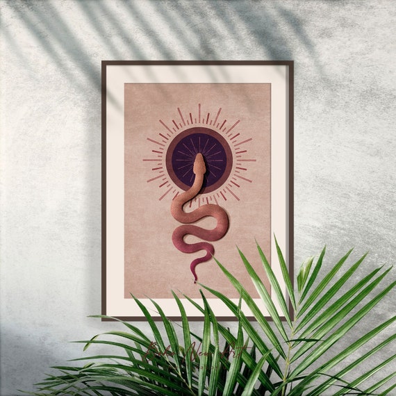 蛇のアートプリント。抽象的な蛇のアートポスター。癒しの太陽の蛇