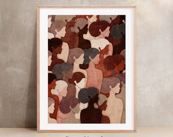 May include: Abstract art print featuring a pattern of overlapping female faces in various shades of brown, beige, and pink. The print is framed in a light wood frame and has the text "Boho New Art" and "Emel Tunaboylu" below the image.