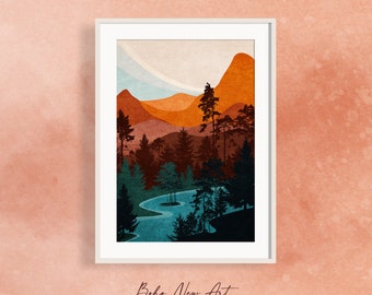 Mountain, River and Forest Landscape Print Art. Century Wall Art, Boho Wall Decor,  Burnt Orange Print, Scandinavian Poster Home Gift.