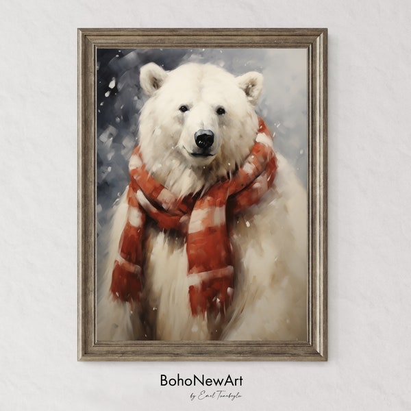 Vintage Christmas WallArt  Polar Bear Painting, Printable Xmas OilPainting Bear Portrait Cottagecore Decor Christmas Decor Holiday Art Decor