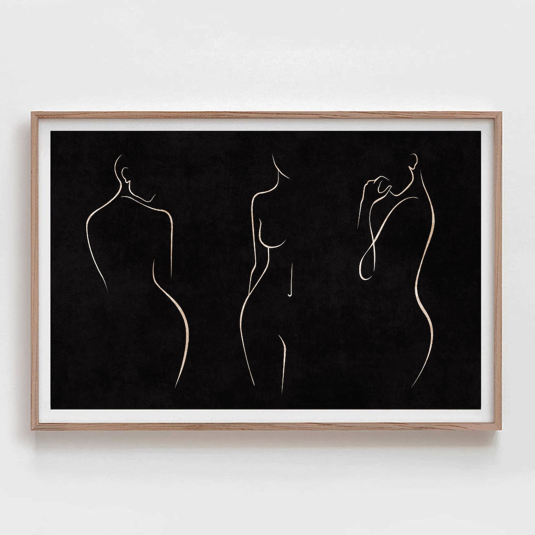Female Nude Line Art Black Background Horizontal Poster, Set of 3 ...
