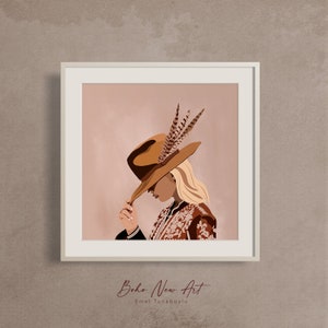 May include: A digital illustration of a woman wearing a brown hat with feathers and a patterned brown sweater. The background is a light pink color. The text "Boho New Art" and "Emel Tunaboylu" is below the image.