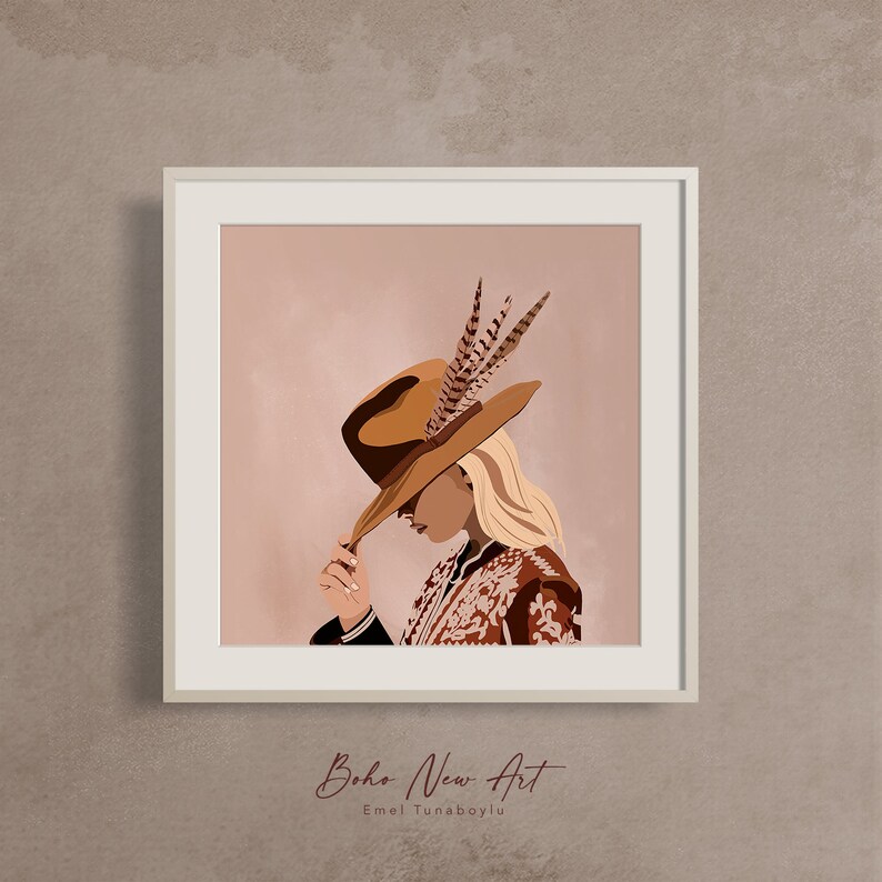 May include: A digital illustration of a woman wearing a brown hat with feathers and a patterned brown sweater. The background is a light pink color. The text "Boho New Art" and "Emel Tunaboylu" is below the image.