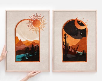 Zon en Maan Boho Landschap Rijzende Zon, Maan Art Print. Maan en Nacht Poster. Zon en Dag Wall Art. Slaapkamer Home Decor Witchy Wall Decor