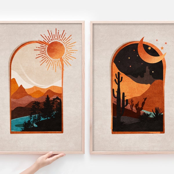 Sonne und Mond Boho Landschaft Aufgehende Sonne, Mond Kunstdruck. Mond und Nacht Poster. Sonne und Tag Wandkunst. Schlafzimmer Home Decor Hexen Wanddekoration