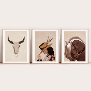 Western Boho Set of 3 Prints, Cowgirl, Horses and Cowgirl, Skull Wall Art, Western Poster Set, digital art set, Cowgirl Style Poster