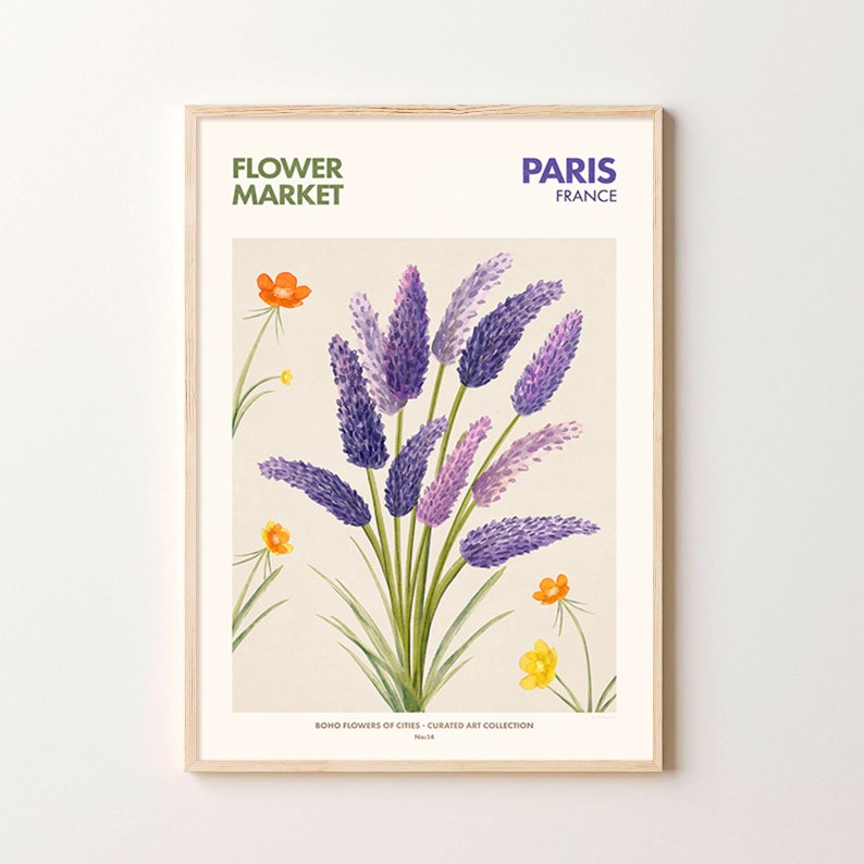 May include: A framed print of a botanical illustration of purple lavender flowers with green stems and leaves. The print has the text "FLOWER MARKET" and "PARIS FRANCE" at the top and "BOND FLOWERS OF CITIES - CURATED ART COLLECTION" at the bottom.