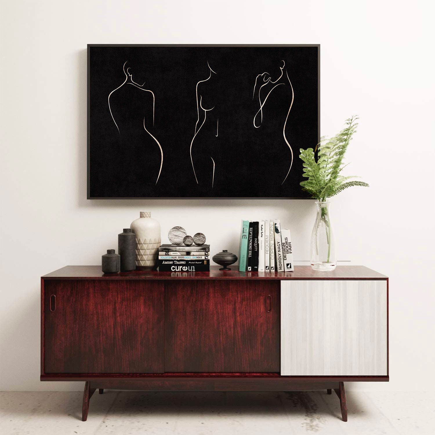Female Nude Line Art Black Background Horizontal Poster, Set of 3 ...