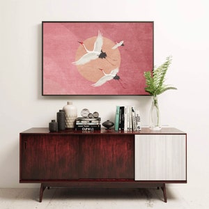 Flying Cranes, Pink sky and Sun Art Print, Boho Birds Poster, Horizontal Living Room Wall Decor, Digital Download, Nursery Stork WallArt