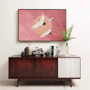 Fliegende Kraniche, Rosa Himmel und Sonne Kunstdruck, Boho Vögel Poster, Horizontales Wohnzimmer Wand Dekor, Digitaler Download, Kinderzimmer Storch WallArt