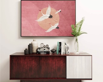 Flying Cranes, Pink sky and Sun Art Print, Boho Birds Poster, Horizontal Living Room Wall Decor, Digital Download, Nursery Stork WallArt