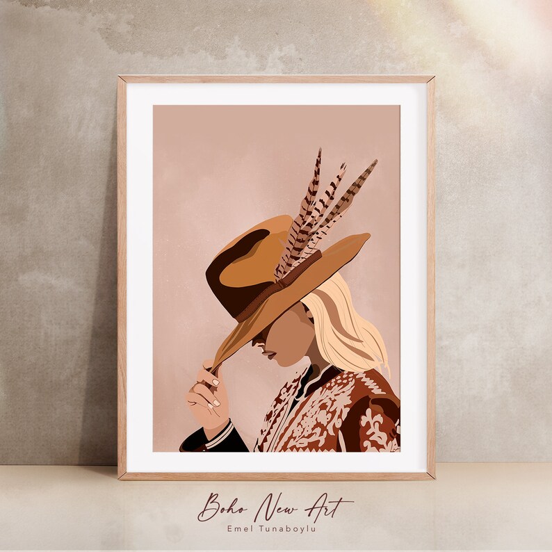 May include: A digital illustration of a woman with blonde hair wearing a brown hat with feathers. The hat is tilted down over her face. She is wearing a brown and white patterned jacket. The background is a light pink color.