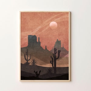 Western Sunset Wall Art, Desert Wall Art, Western Wall Art, Horizontal Poster, Desert Illustration, Cactus Wall Art, Southwestern Decor