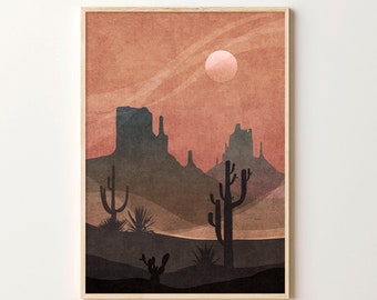 Western Sunset Wall Art, Desert Wall Art, Western Wall Art, Horizontal Poster, Desert Illustration, Cactus Wall Art, Southwestern Decor