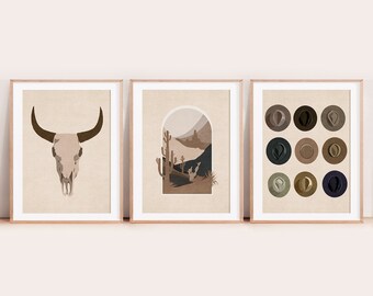 Western Boho Buffalo Skull Art, Cowboy Hoeden Print, Western Wall Art Decor, & Cowboy Digital Printable, Western Desert Landscape Poster