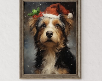 May include: A painting of a dog wearing a red Santa hat with holly and berries on top. The dog is looking directly at the viewer with a serious expression. The background is a dark blue with white snow flakes.