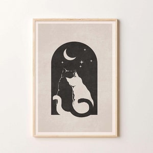 Cats in Love in the Moonlight Print Art, Boho Cat Minimal Print, Cat Illustration, Instant Printable Art, Boho Minimalist Wall Art