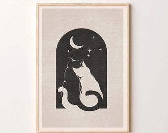 Cats in Love in the Moonlight Print Art, Boho Cat Minimal Print, Cat Illustration, Instant Printable Art, Boho Minimalist Wall Art