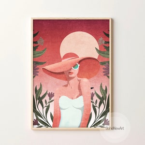 May include: A digital illustration of a woman wearing a large, pink sun hat and sunglasses. She is standing in front of a pink and red sunset with green foliage and purple flowers.