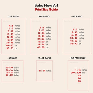 May include: A chart with a guide to print sizes for art prints. The chart is divided into sections for different aspect ratios, including 2x3, 3x4, 4x5, square, 11x14, and ISO paper sizes. Each section lists the dimensions in inches and centimeters.