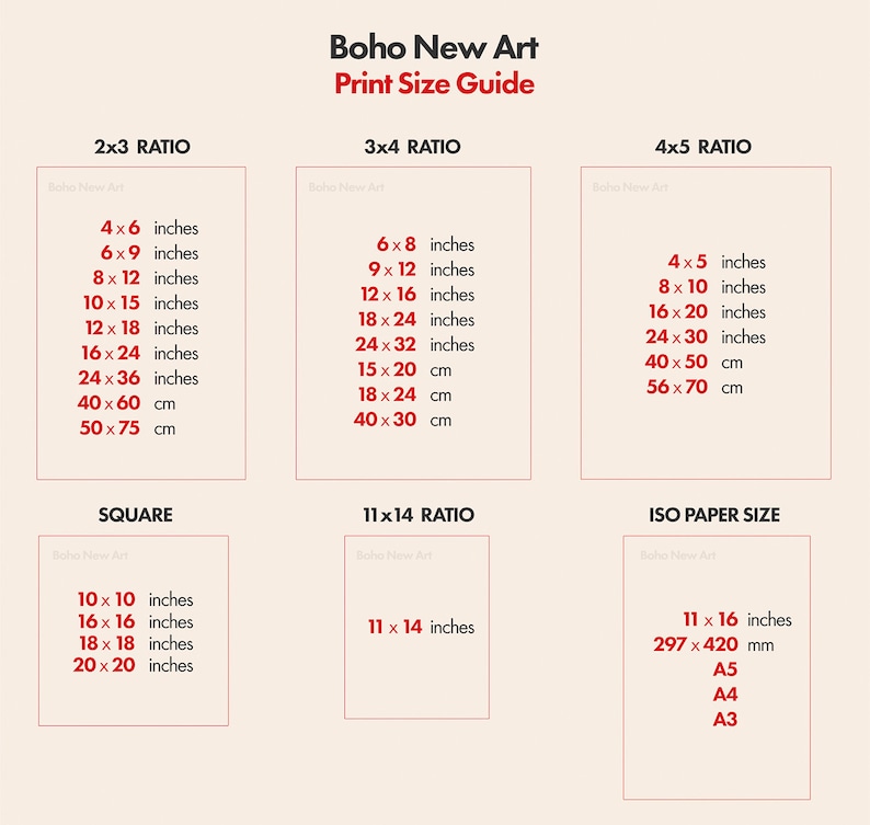 May include: A chart with a guide to print sizes for art prints. The chart is divided into sections for different aspect ratios, including 2x3, 3x4, 4x5, square, 11x14, and ISO paper sizes. Each section lists the dimensions in inches and centimeters.
