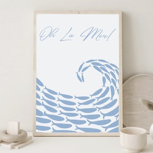 La Mer Beach WallArt, Coastal Decor Blue Sea Print,Typography Poster, Minimalist Print, Trendy Aesthetic Room Decor,  Retro Style Wall Art,