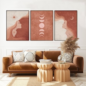 Lady Moon and Lady Sun Poster Gallery Set of 3. Day and Night Print Set Wall Art. Abstract Minimalist Woman Set of 3 living room wall decor