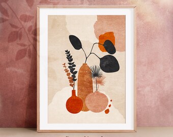 Botaniskt bohotryck, boho blomväggkonst, modern väggkonst, terrakottavas och svarta blad, blomkruka, abstrakt boho, neutrala färger