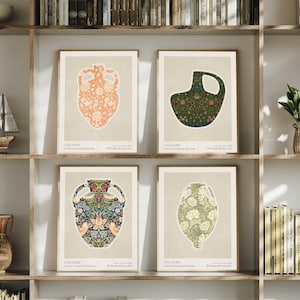 Conjunto de 4 patrones de William Morris, arte de jarrón boho hecho a mano, póster de impresión digital, arte de mediados de siglo, arte de pared de galería, póster de arte floral boho
