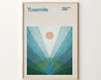 Affiche de voyage du parc national de Yosemite, affiche de voyage abstraite, affiche de parc national, impression d’art minimaliste du milieu du siècle, affiche californienne