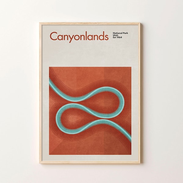 Cartel de viaje de mediados de siglo del Parque Nacional Canyonlands, cartel de viaje abstracto, cartel del parque nacional, impresión de arte minimalista, Utah, poderoso cinco