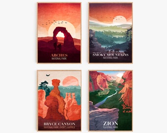 National Park Set van 4 | Zion Print | Grote Smokey Mountains Poster | Bogen | Bryce Canyon | Woondecoratie | Landschap | Utah Kunst Print