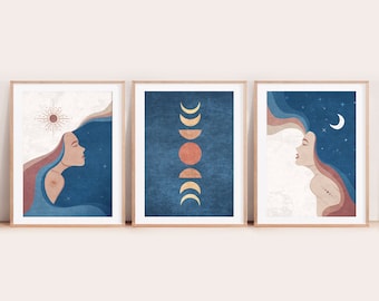 We Complete Each Other Set of 3 Poster. Soulmate Couple. Boho Beautiful Women Set Wall Art. Sun and Moon Poster. Abstract Minimalist Woman